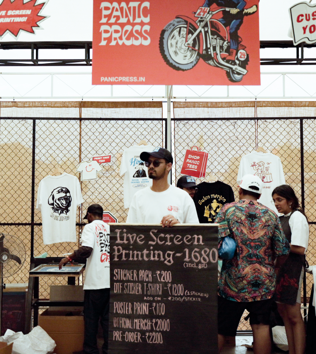 Panic press live screen printing station at India Bike Week 2024, Goa